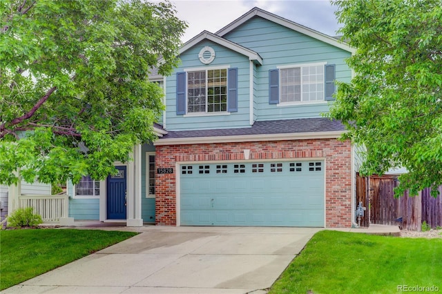15828 Greenstone Ln, Parker, CO 80134 - traditional home featuring a garage, brick siding, driveway, and a shingled roof