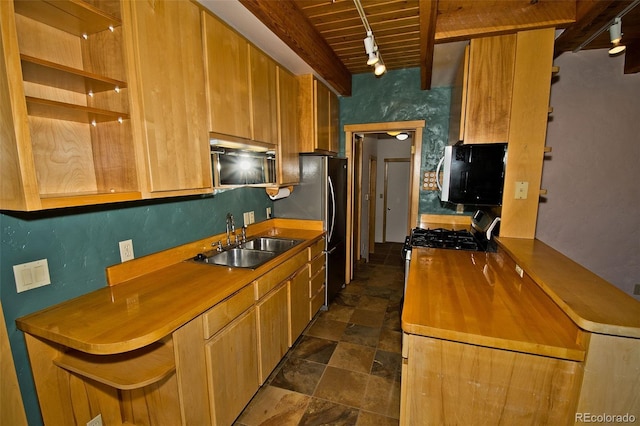 1507 Wagon Wheel Rd, Crestone, CO 81131 - kitchen with beam ceiling, stainless steel appliances, a sink, track lighting, and wooden ceiling
