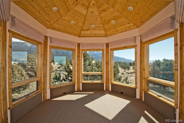 1507 Wagon Wheel Rd, Crestone, CO 81131 - unfurnished sunroom featuring vaulted ceiling, wood ceiling, and a mountain view