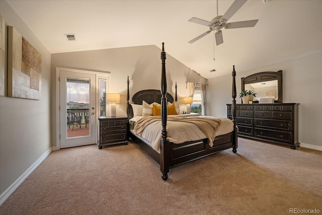 11691 Riverdale Dr, Parker, CO 80138 - bedroom with vaulted ceiling, access to outside, carpet floors, and a ceiling fan