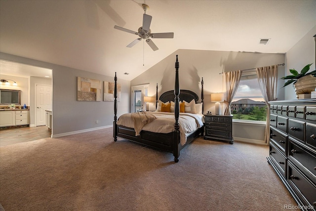 11691 Riverdale Dr, Parker, CO 80138 - bedroom featuring carpet floors, vaulted ceiling, ensuite bathroom, and a ceiling fan