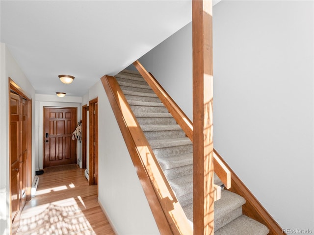 stairs featuring wood finished floors