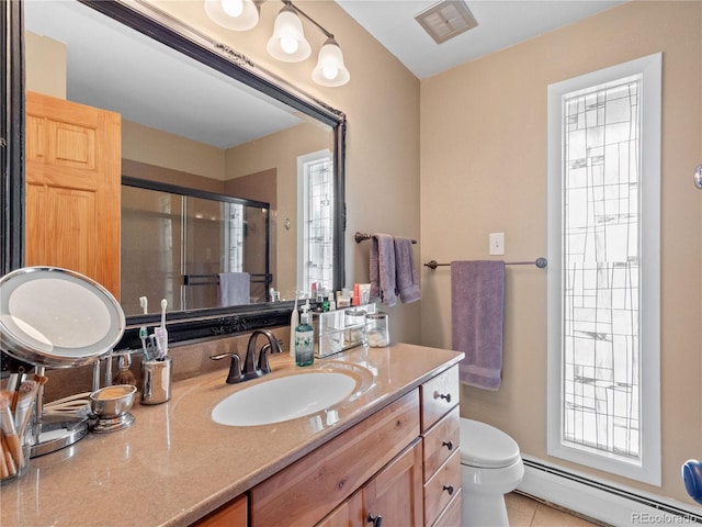 bathroom with a stall shower, toilet, a baseboard radiator, vanity, and a wealth of natural light