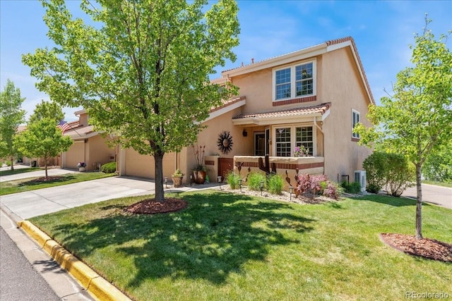 9117 Nambe Trl, Lone Tree, CO 80124 - mediterranean / spanish house with driveway, a tile roof, stucco siding, and a front yard