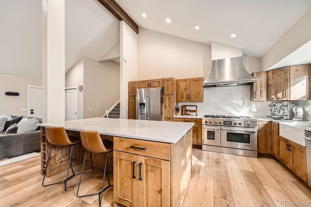 6443 S Florence Way, Englewood, CO 80111 - kitchen with appliances with stainless steel finishes, lofted ceiling, range hood, light wood-style floors, and backsplash