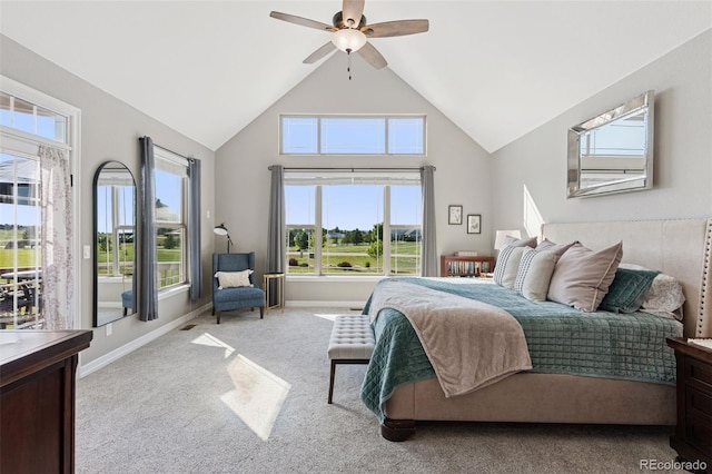 3048 Deer Creek Ranch Loop, Parker, CO 80138 - bedroom with carpet, multiple windows, high vaulted ceiling, and ceiling fan
