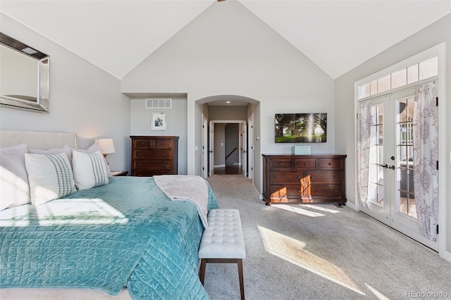 3048 Deer Creek Ranch Loop, Parker, CO 80138 - bedroom with arched walkways, high vaulted ceiling, french doors, carpet floors, and access to exterior