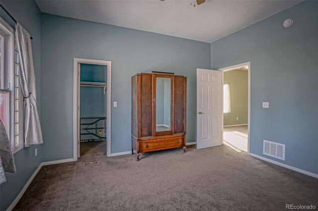 unfurnished bedroom with multiple windows, ceiling fan, a spacious closet, and carpet