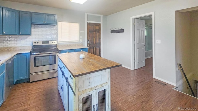 1205 N Linden Ave, Trinidad, CO 81082 - kitchen featuring stainless steel electric stove, blue cabinetry, dark wood-style flooring, and butcher block countertops