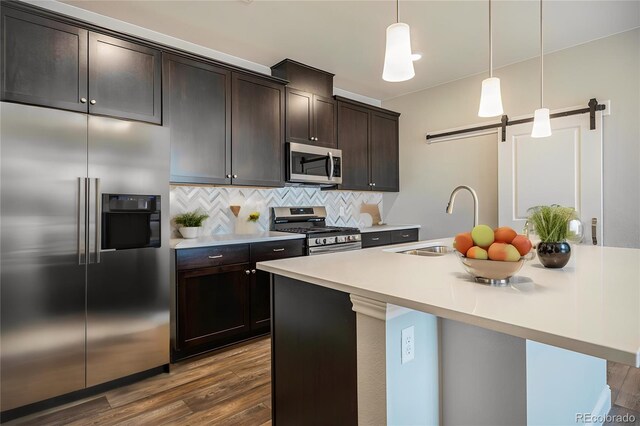 kitchen with dark wood-type flooring, appliances with stainless steel finishes, a barn door, and a kitchen island with sink