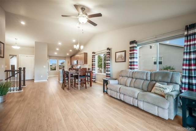 6015 Trappers Tale Ct, Colorado Springs, CO 80923 - living room with ceiling fan, baseboards, light wood-type flooring, recessed lighting, and vaulted ceiling