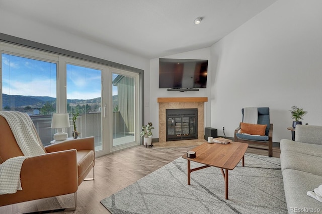 living room featuring a fireplace, lofted ceiling, and wood finished floors