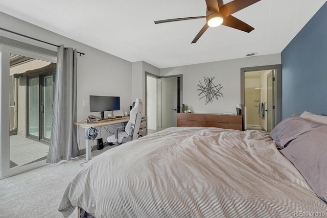 bedroom with access to outside, carpet flooring, a ceiling fan, and visible vents