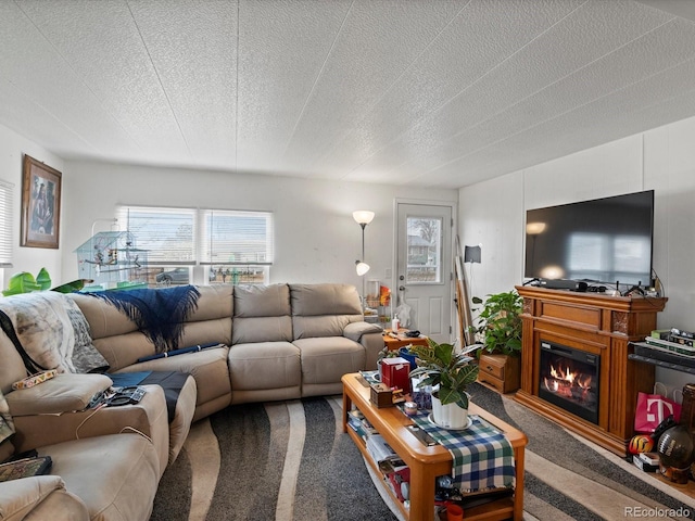 carpeted living room featuring a textured ceiling