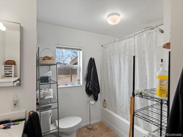 bathroom featuring tile patterned flooring, shower / bath combination with curtain, and toilet