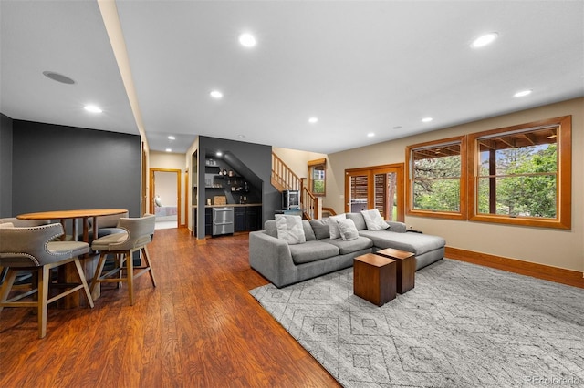 1122 Forest Trails Dr, Castle Pines, CO 80108 - living room with stairway, wood finished floors, recessed lighting, and wine cooler