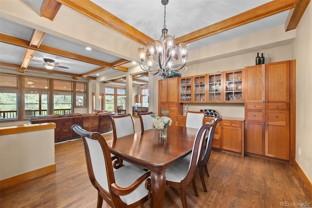1122 Forest Trails Dr, Castle Pines, CO 80108 - dining space with a chandelier, beam ceiling, dark wood-style flooring, coffered ceiling, and a ceiling fan