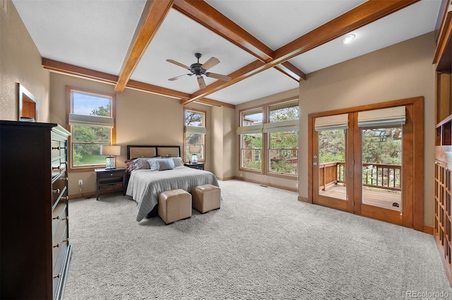 1122 Forest Trails Dr, Castle Pines, CO 80108 - bedroom with access to outside, beam ceiling, carpet, and a ceiling fan