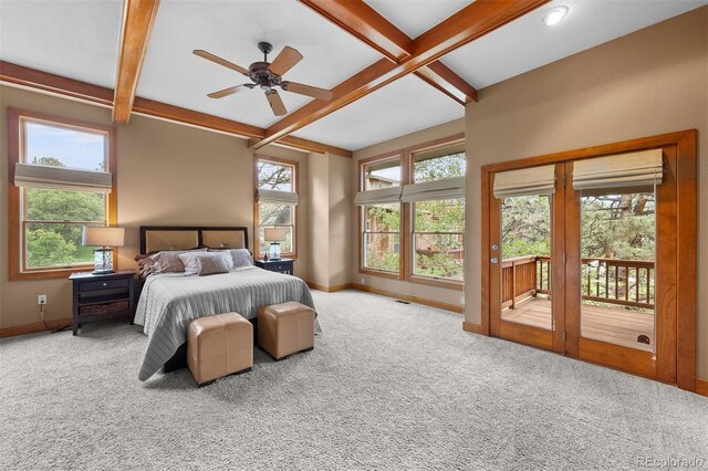 1122 Forest Trails Dr, Castle Pines, CO 80108 - carpeted bedroom featuring access to exterior, beam ceiling, coffered ceiling, and a ceiling fan