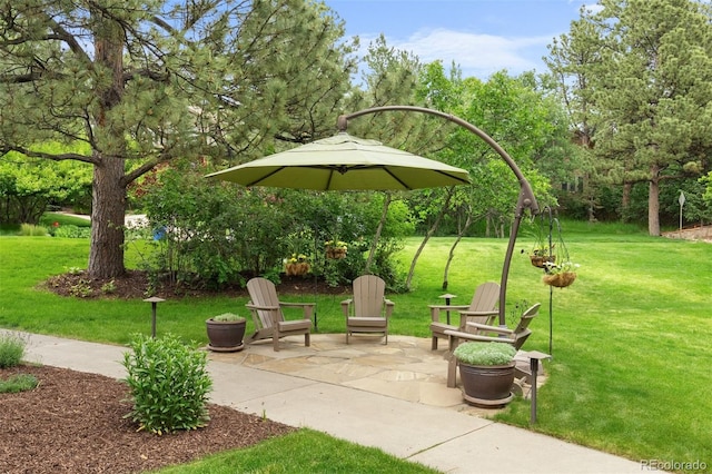 1122 Forest Trails Dr, Castle Pines, CO 80108 - surrounding community featuring a patio, a yard, and view of scattered trees