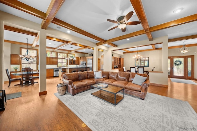 1122 Forest Trails Dr, Castle Pines, CO 80108 - living room with a chandelier, beam ceiling, light wood-style floors, a ceiling fan, and coffered ceiling