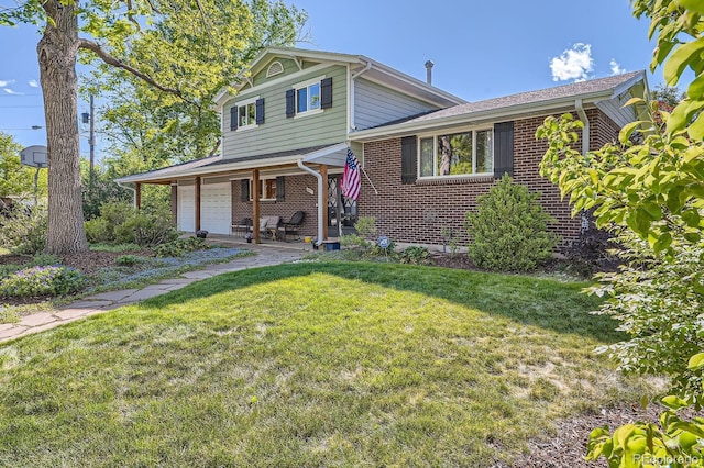 6857 S Franklin Cir, Centennial, CO 80122 - view of front of property featuring brick siding, a front lawn, an attached garage, and a porch