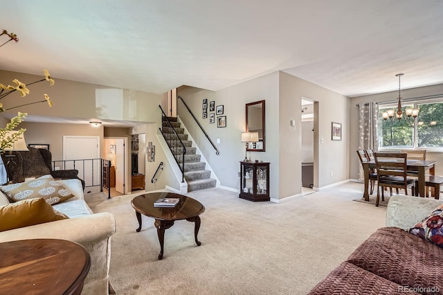 6857 S Franklin Cir, Centennial, CO 80122 - living area featuring light colored carpet, a chandelier, stairway, and baseboards
