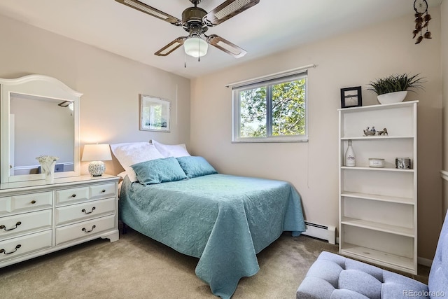 6857 S Franklin Cir, Centennial, CO 80122 - bedroom featuring a baseboard radiator, light carpet, and a ceiling fan