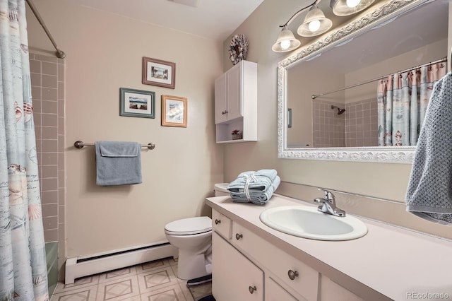 6857 S Franklin Cir, Centennial, CO 80122 - bathroom featuring a baseboard heating unit, a shower with curtain, toilet, and vanity