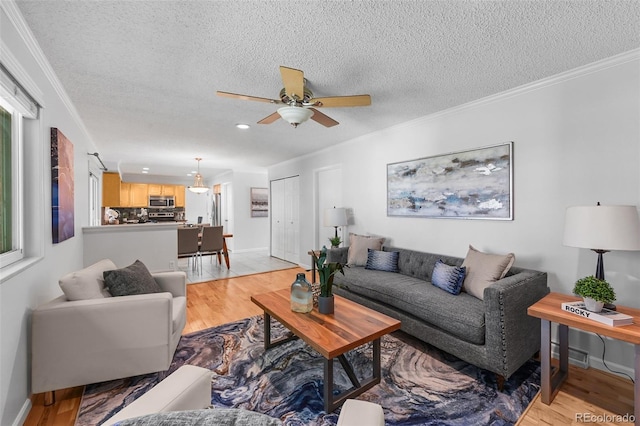 7486 S Washington St, Centennial, CO 80122 - living area with light wood-style floors, a ceiling fan, crown molding, a textured ceiling, and recessed lighting
