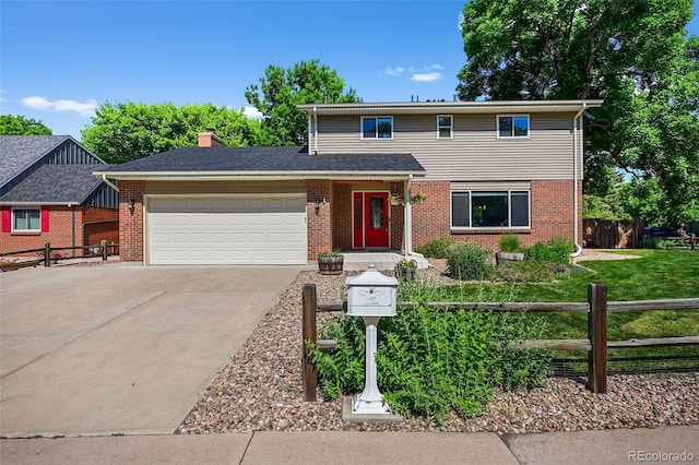 7486 S Washington St, Centennial, CO 80122 - traditional home featuring a garage, concrete driveway, brick siding, and a chimney