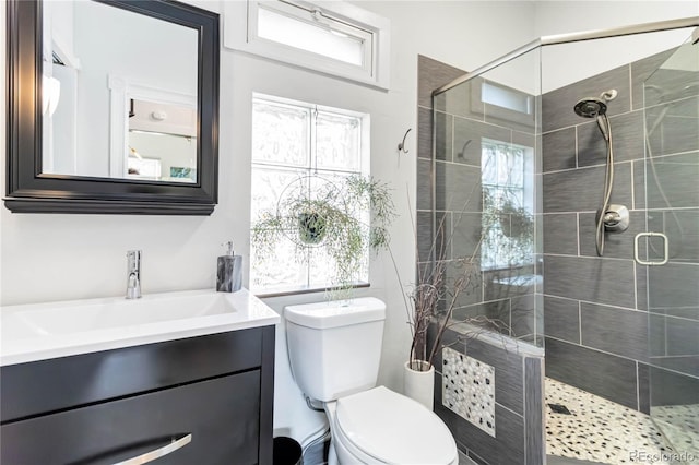 bathroom with a stall shower, plenty of natural light, vanity, and toilet