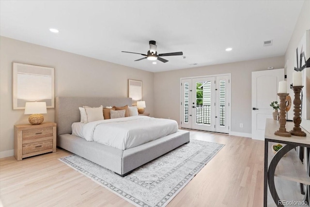 4505 S Yosemite St Unit 362, Denver, CO 80237 - bedroom featuring access to outside, light wood finished floors, baseboards, recessed lighting, and ceiling fan