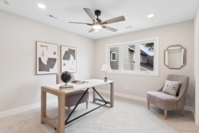 4505 S Yosemite St Unit 362, Denver, CO 80237 - home office featuring light colored carpet, a ceiling fan, baseboards, and recessed lighting