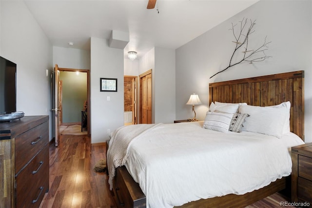 113 Lookout Ridge Dr, Dillon, CO 80435 - bedroom with wood finished floors, ensuite bath, and a ceiling fan