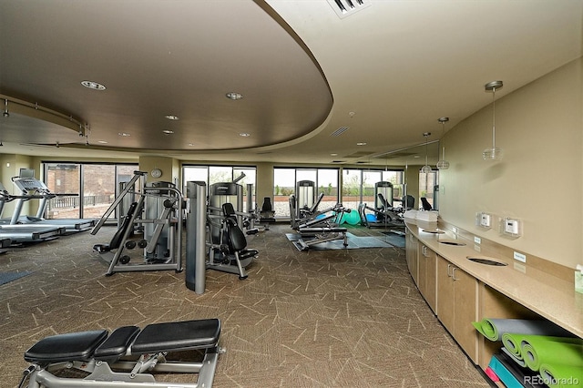 gym with dark colored carpet