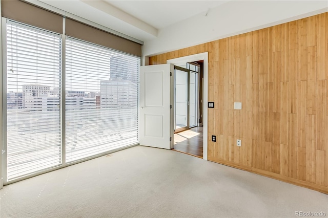 spare room with a wealth of natural light, wood walls, and carpet flooring