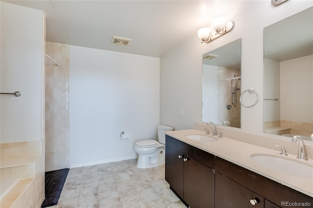 full bathroom with toilet, tile patterned flooring, independent shower and bath, and vanity