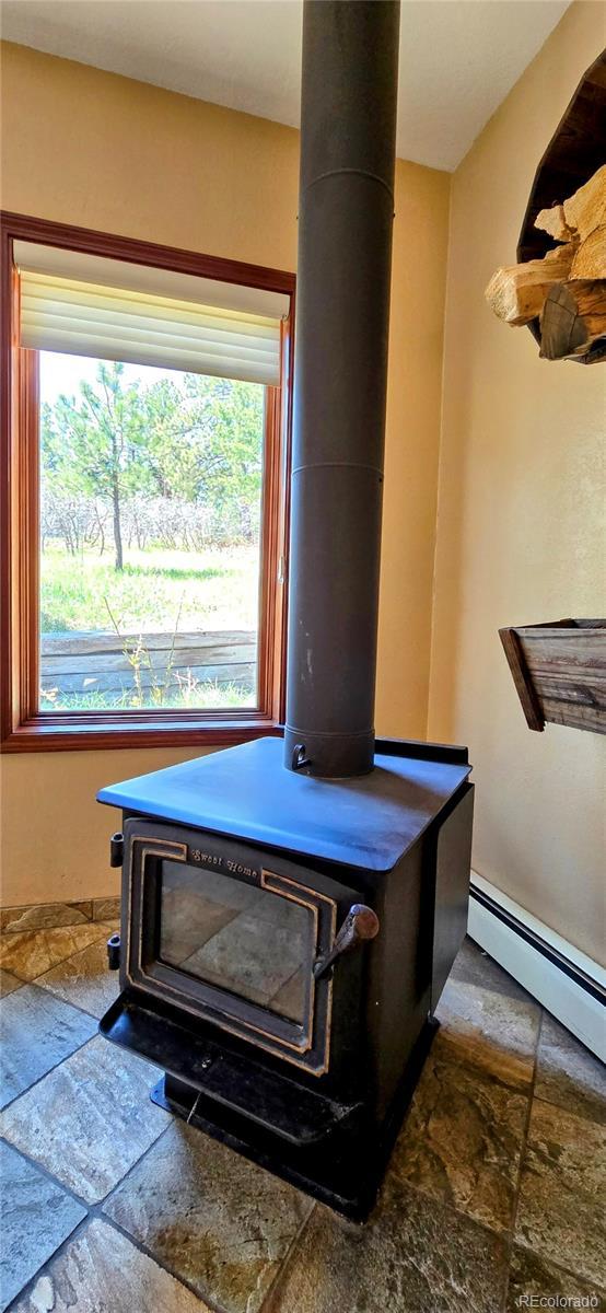 18170 Forest View Rd, Monument, CO 80132 - detailed view of a wood stove and baseboard heating