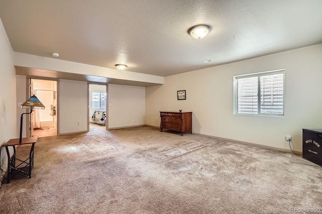 basement with carpet and a textured ceiling