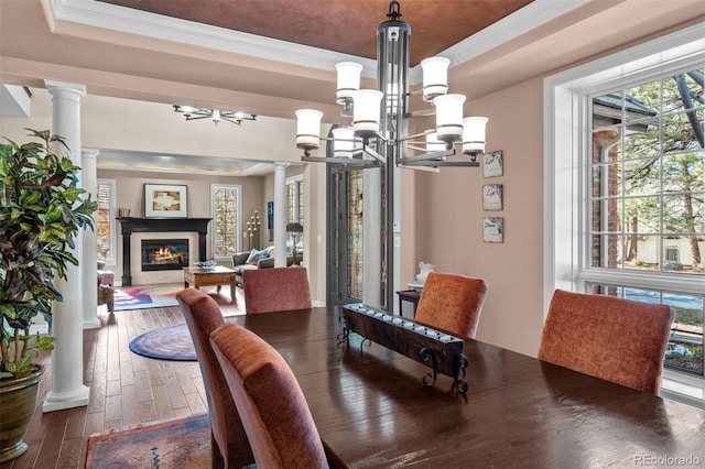 dining room featuring ornamental molding, a glass covered fireplace, a raised ceiling, and ornate columns