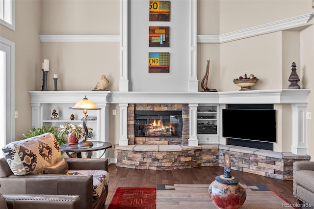 living room with a stone fireplace and wood finished floors