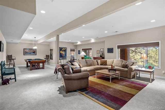 living room featuring recessed lighting, carpet flooring, billiards, and baseboards