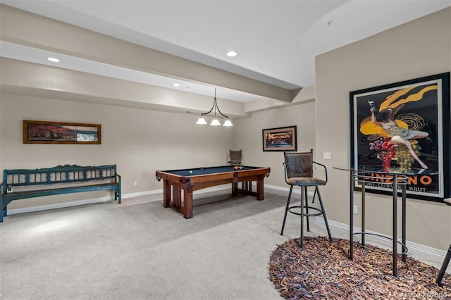 playroom with carpet, beam ceiling, recessed lighting, pool table, and baseboards