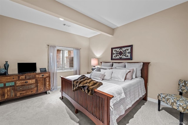 carpeted bedroom with beam ceiling, visible vents, and baseboards