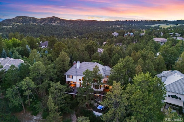 drone / aerial view featuring a mountain view and a wooded view