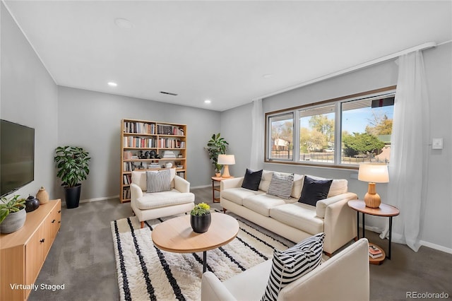 living room featuring dark carpet, recessed lighting, visible vents, and baseboards