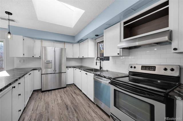 kitchen featuring stainless steel appliances, range hood, a sink, and white cabinets