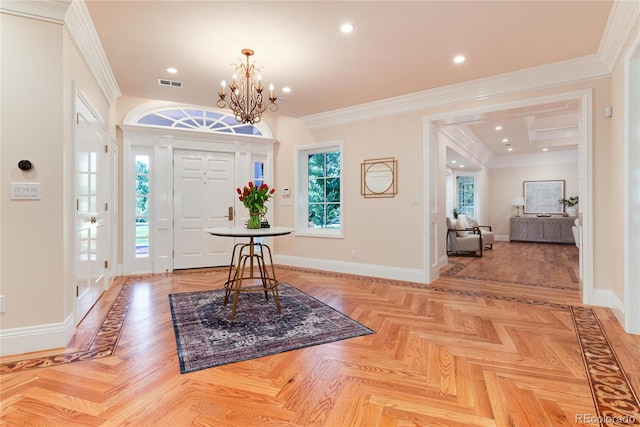 entrance foyer with ornamental molding, recessed lighting, visible vents, and baseboards