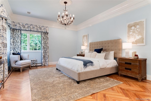 bedroom with baseboards, a notable chandelier, visible vents, and crown molding